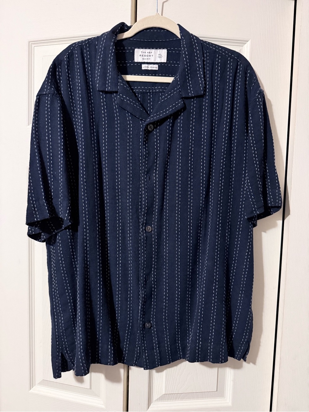 Abercrombie & Fitch Navy Short-Sleeve Button-Down with White Stitch Stripes